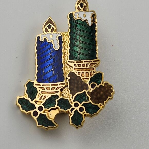 Vintage Cloisonne Christmas Candles Brooch - Picture 1 of 4